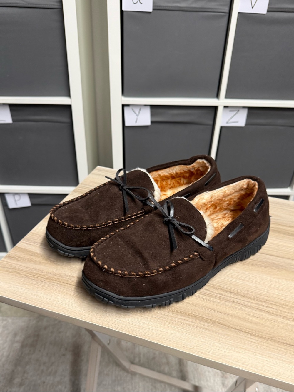 Homehot Men's Brown Suede Moccasin Slippers with Faux Fur Lining